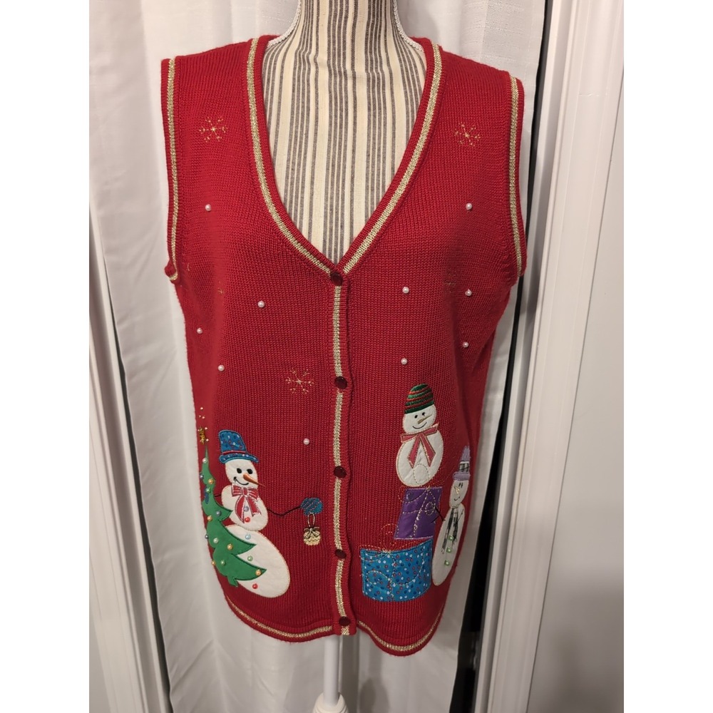 Snowman Christmas Button Down Sweater Vest Embroidered Bejeweled Large